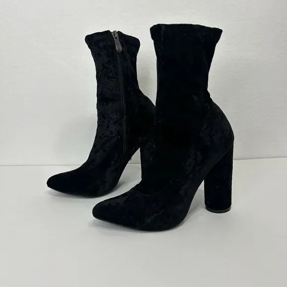 Cape Robbin Velvet Mid Calf Booties Block Heel Boots Black Womens 7 - Picture 3 of 9